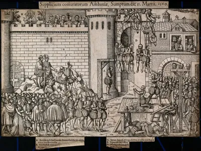 Executions of Huguenots after the Huguenot conspiracy of Amboise in 1560: some conspirators are hung by the neck from a tower, others are beheaded
