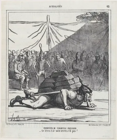 Exercises of the Prussian Hercules: Will he or won't he be able to lift it up?, from 'News of the day,' published in "Le Charivari"