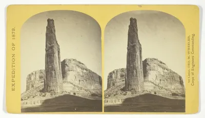 Explorers Column, Cañon de Chelle, Arizona. This shaft is the work of nature, and is about 900 feet in height; base about 70 by 110 feet. It stands near the center of the Cañon, and it is almost impossible to believe that it is not the work of human 