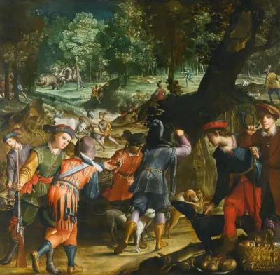 Extensive landscape with an elephant hunt