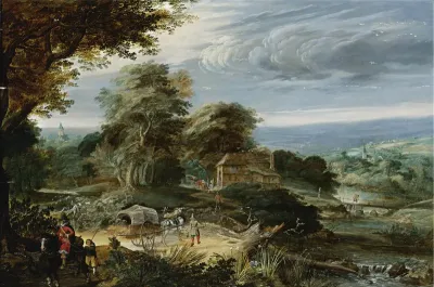 Extensive landscape with travelers on a path by a river, a cottage beyond