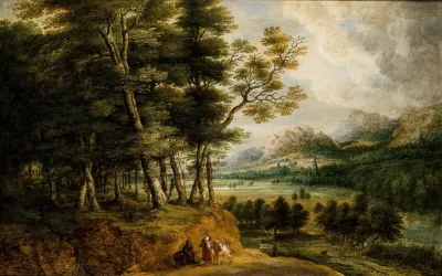 Extensive wooded landscape, drovers with their cattle in the foreground