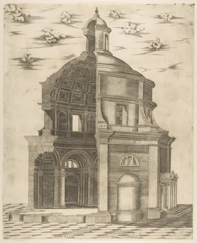 Exterior and interior section of a temple in Rome dedicated to Neptune