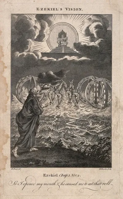 Ezekiel has a vision of angels and spheres with eyes coasting along the thunderstruck sea