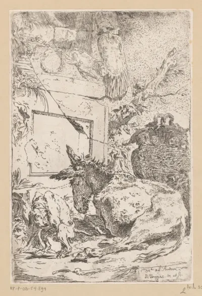 Ezel en hond bij een ruïneus monument