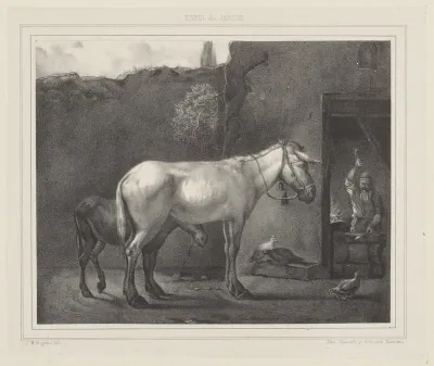 Ezel en veulen bij de hoefsmid