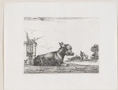 Ezel in een landschap met molen