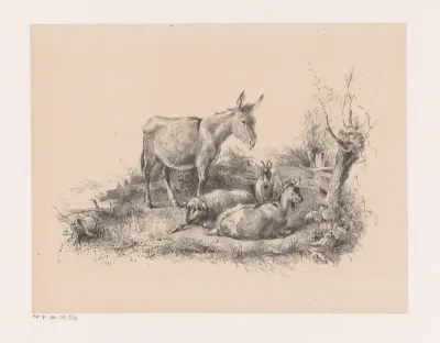 Ezel, schaap en twee geiten in een landschap
