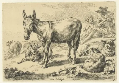 Ezel staand tussen rustende schapen, een geit en herders