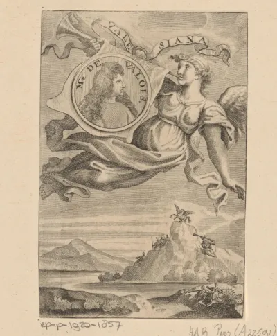 Faam (Fama) met het portret van Adrien de Valois boven een landschap met de berg Helicon en de muzen