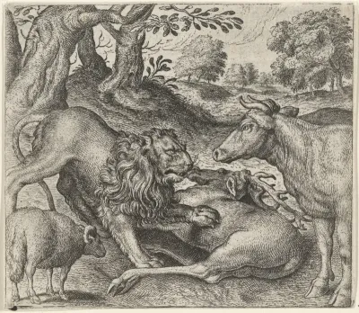 Fabel van de leeuw, de koe en het schaap op jacht