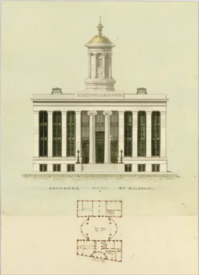 Façade Design and Old Plan for the First Merchant's Exchange, New York  (unexecuted; front elevation and plan)