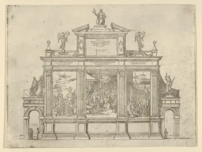 Façade of a triumphal monument with three scenes depicting deeds of Pope Clement VIII, a temporary decoration for the entry of Pope Clement VIII in Bologna in 1598