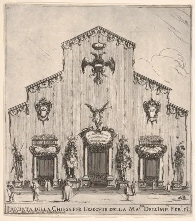Façade of the church of San Lorenzo in Florence, decorated with the emperor's arms, four figures of death flanking the three entrances, the two in center on horseback, a large angel above central door, from "Ceremonies for the Funeral of Emperor Ferd