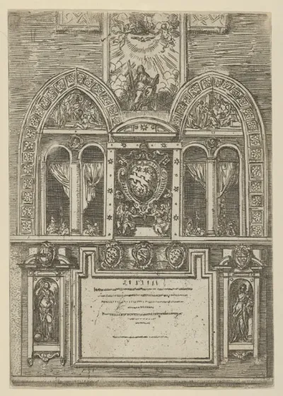 Façade of the Palazzo del Senato in Bologna with the Papal arms at center, with temporary decorations for the entry of Pope Clement VIII in Bologna in 1598