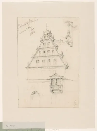 Façade van een huis aan de Johannisstrasze te Osnabrück, met rechts een uitgewerkt detail van de erker