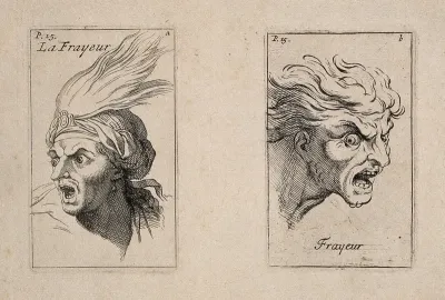 Face of a frightened soldier (left); the human face in an animal state of fear (right)