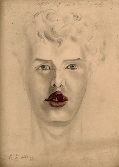 Face of a man suffering from chancre of the lip
