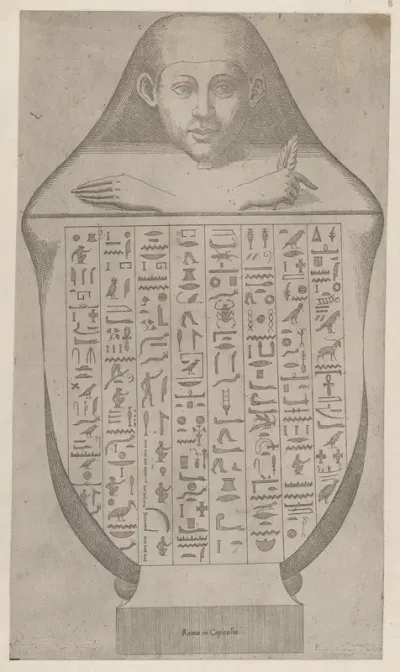 Face of an Egyptian canopic vase, from "Speculum Romanae Magnificentiae"