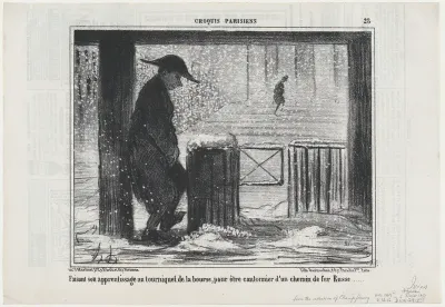 Faisant son apprentissage au tourniquet de la bourse..., from Croquis Parisiens, published in Le Charivari, February 6, 1857