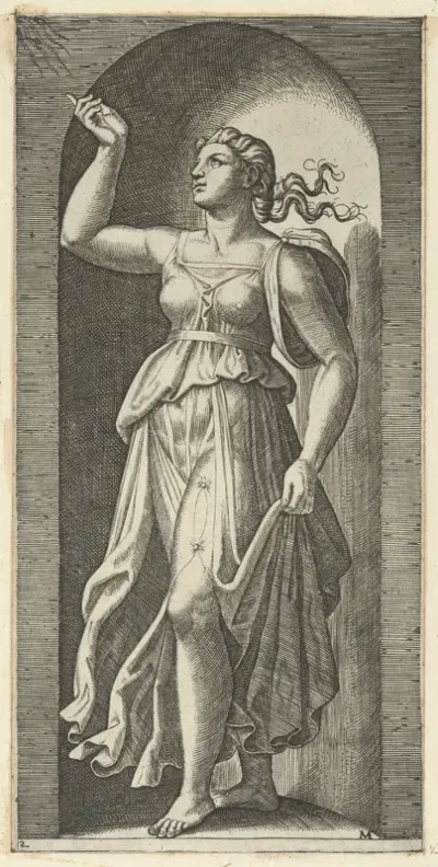 Faith personified by a woman standing in a niche, pointing to rays in the upper left, from "The Virtues"