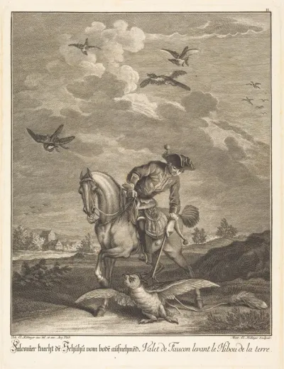 Falconeer Lifting an Owl from the Ground