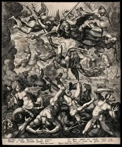 Fallen angels with animalized characteristics tumble from heaven under the sword of Michael