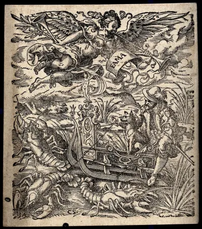 Fame blows her trumpet: below, a man and his dog ride on a sleigh drawn by giant lobsters or crayfish