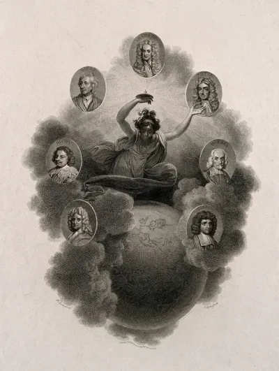 Fame, with a lamp, hovering among clouds over the earth: around her are seven portraits of philosophers in ovals
