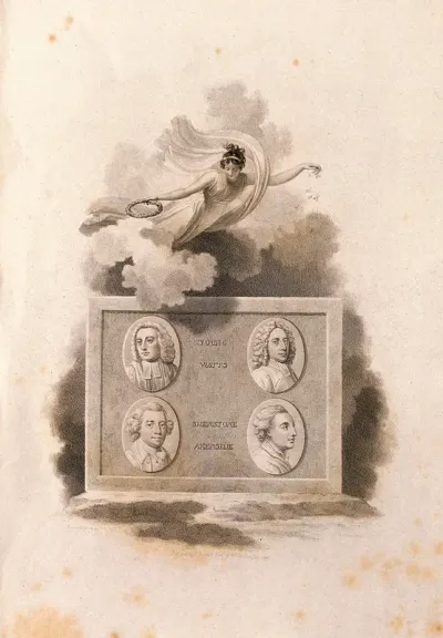 Fame, with a laurel wreath, hovering among clouds: beneath her are four portraits of poets in ovals