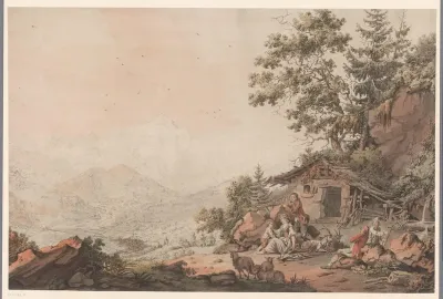 Familie bij een huis in de bergen