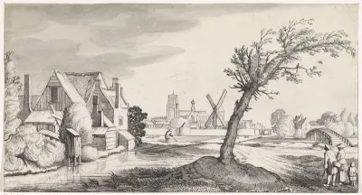 Familie bij een huis met een stad op de achtergrond