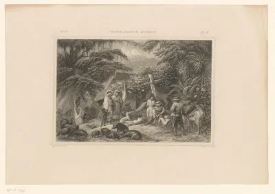 Familie bij hut in de bossen