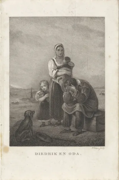 Familie met op de achtergrond een dorp onder water