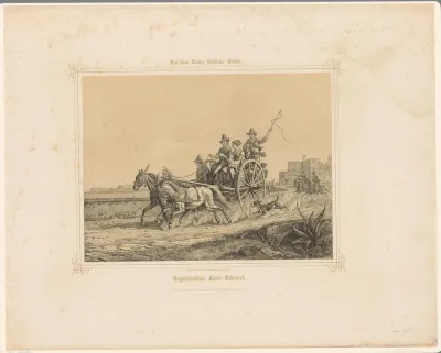 Familie op een kar getrokken door paarden