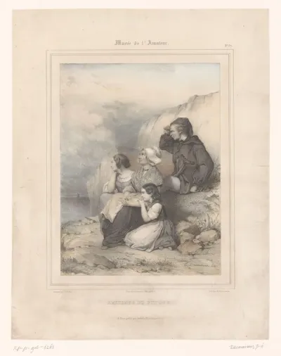 Familie van zeeman wacht aan het strand