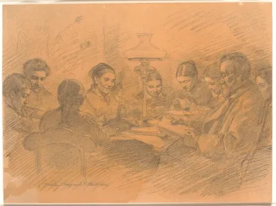 Familien Johan Lange samlet omkring lampen