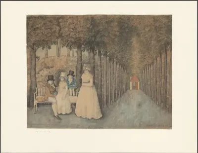 Familieportret van een onbekend gezin in een tuin met lindelaan
