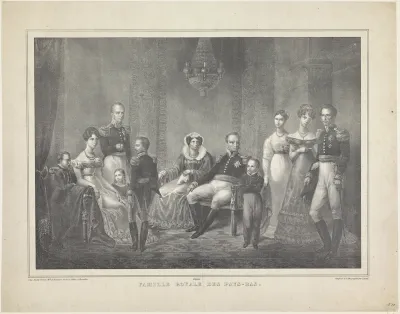 Familieportret van Willem I Frederik, koning der Nederlanden, Wilhelmina van Pruisen, hun zoons met echtgenotes, hun dochter en vier kleinkinderen