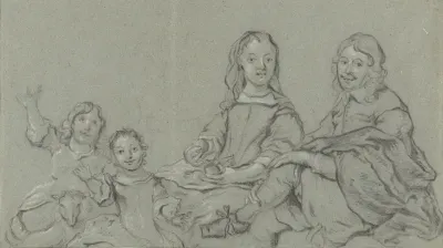 Familiestuk bestaande uit een man, vrouw en twee kinderen met een lam