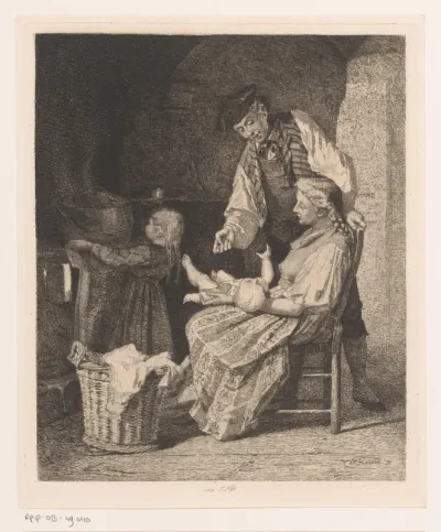 Familietafereel met een echtpaar, een baby en een jong meisje