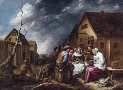 Family feast in front of the tavern