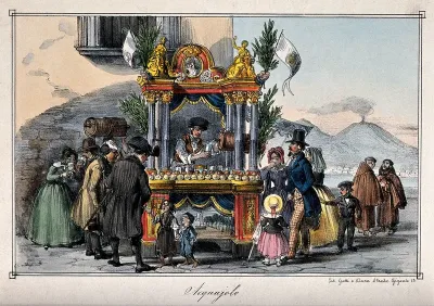 Family groups and travellers in Naples buy water from a water seller at a stand on the street corner