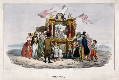 Family groups and travellers in Naples buy water from a water seller's stand