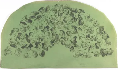 Fan leaf decorated with caricatures and reversible heads