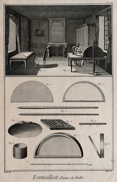 Fan makers: a woman painting fan leaves, and various painting materials