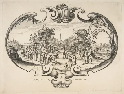Fan with figures in a garden