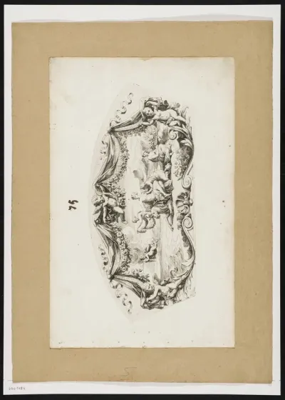 Fan with representation in frame of garlands, canopies, foliate scrolls and putti.