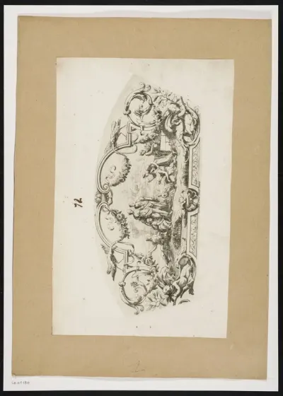 Fan with representation in frame of scrollwork, garlands, storks and putti.