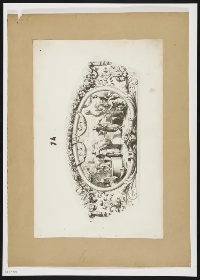 Fan with representation in frame with scrollwork, garlands, flowers and foliate scrolls.